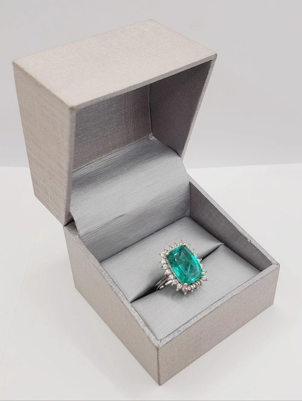 Emerald Green Quartz & White Zircon Halo Ring - Platinum - 925 Sterling Silver
